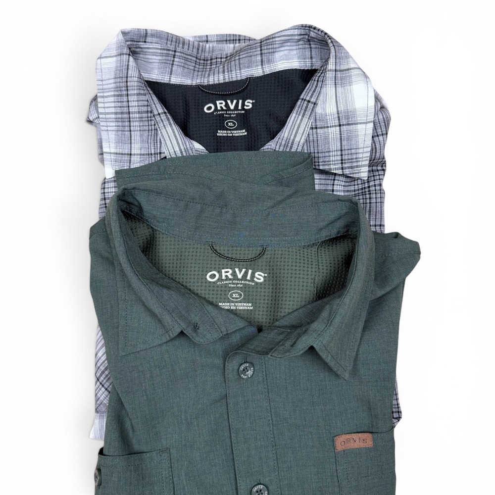 Orvis Mens XL Short Sleeve Button Down Shirt Lot of 2 Plaid Green Performance
